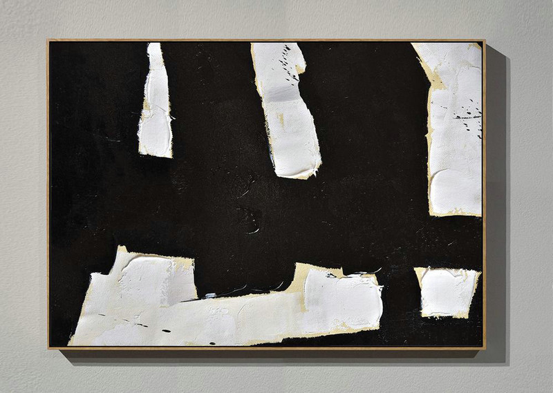 Hand-Painted Canvas Art,Horizontal Palette Knife Minimal Canvas Art Painting Black White Beige - Acrylic Painting Canvas Art